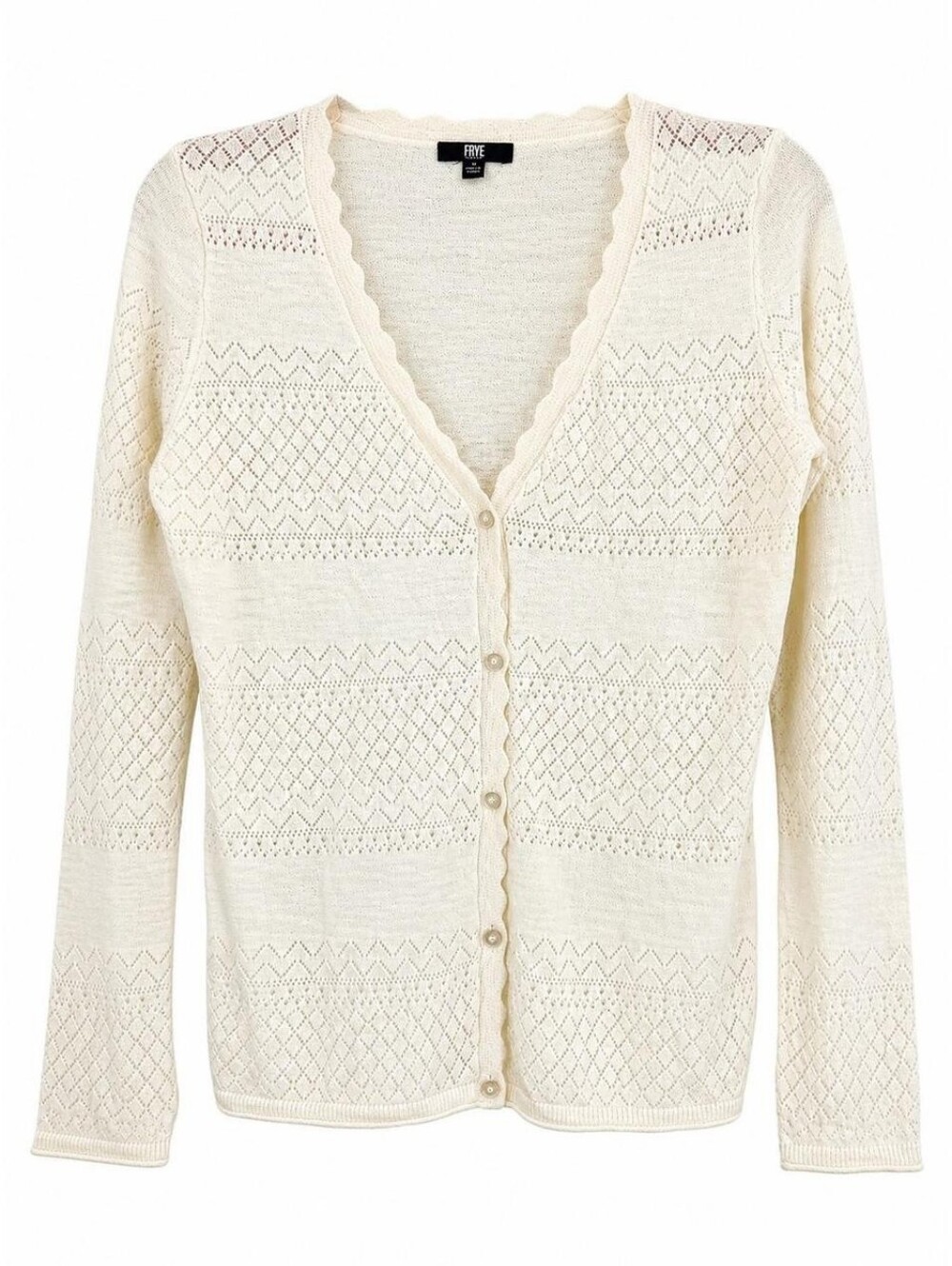 Frye Ivory Pointelle Cotton Cardigan Sweater Scalloped Hem Button Up XL - Picture 5 of 11